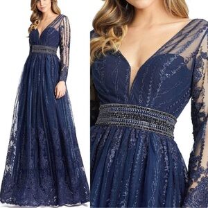 Mac Duggal Navy Embroidered Beaded Waist Long Sleeve Floral Illusion A-Line Gown